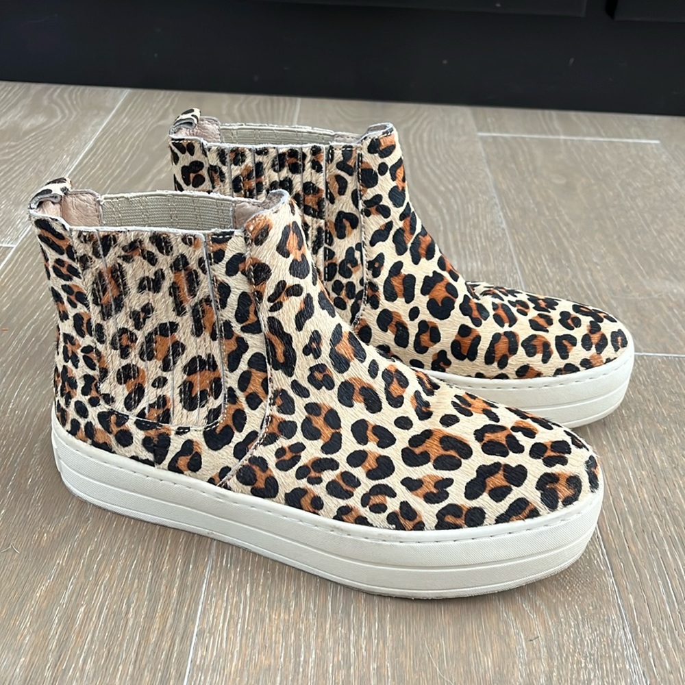 J Slides Leather Cow Fur Leopard Print Platform Booties size 6.5